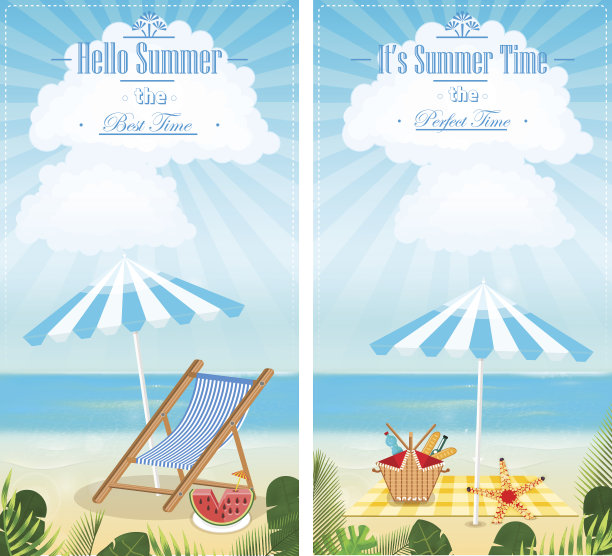 一套暑假海景垂直横幅矢量插图图片下载
