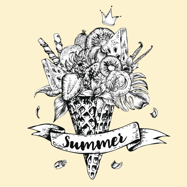 手绘贺卡与水果鸡尾酒在华夫饼图片下载