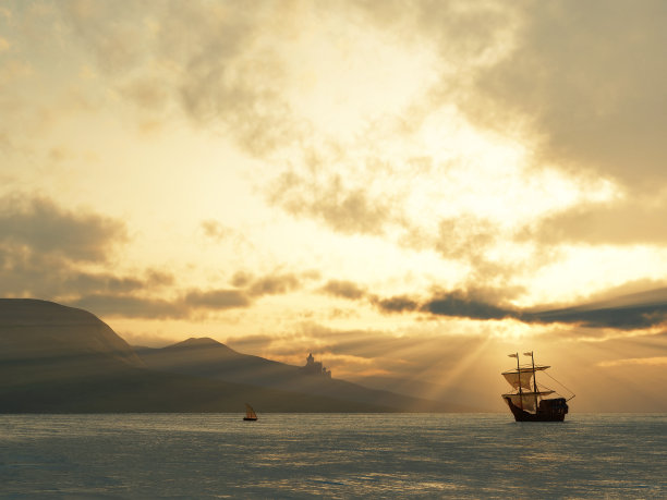 日落时分的古船图片下载