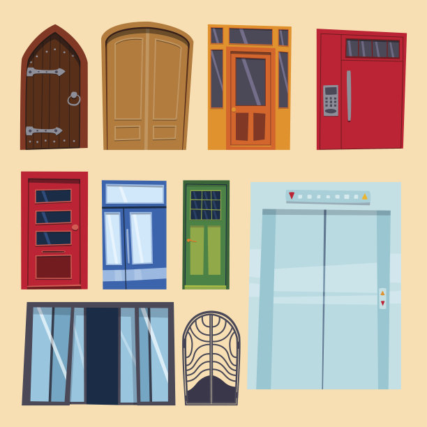 色彩门正面以房屋和建筑平面设计风格孤立矢量插画现代新装修开放优雅房间锁图片下载