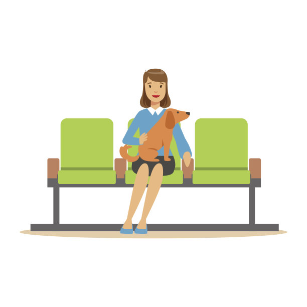 一个女人带着她的宠物狗坐在候诊室里，等着看医生。彩色卡通人物插图图片下载