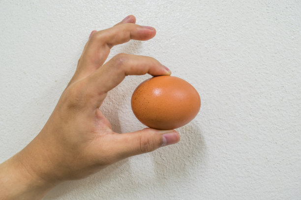 女人拿着一个鸡蛋在白色的背景图片下载