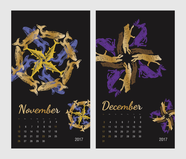 动物印刷日历2017与动植物分形图片下载