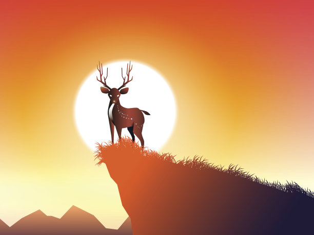 鹿在悬崖上，月亮和草在晚上素材图片