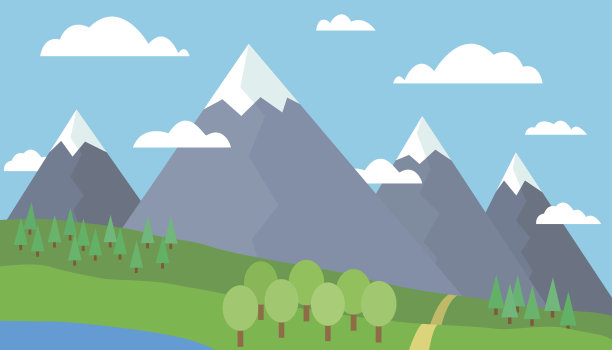卡通山景以青山和灰山为底，山峰下有雪，以湖或河为底，蓝天下有云，以树为底，以雾为矢量，平展图片下载