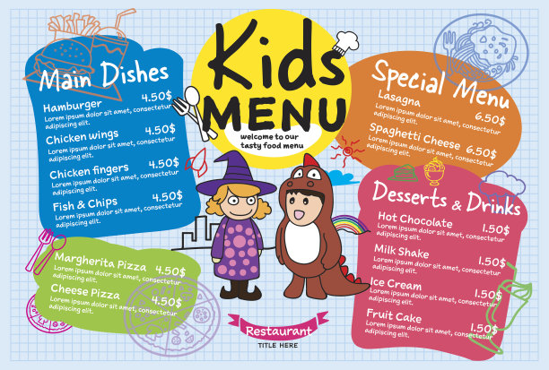 彩色儿童餐菜单矢量模板设计插图餐厅图片下载