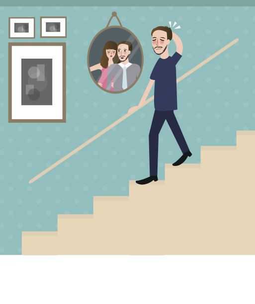 男人走在楼梯上，看着照片感到悲伤孤独图片下载