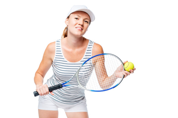 一个年轻的网球运动员在白色背景上的孤立肖像图片下载