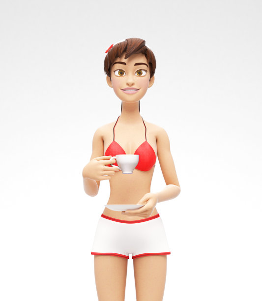 空白咖啡或茶杯模型与茶碟持有微笑和快乐的珍妮- 3D卡通女性角色在泳衣比基尼图片下载
