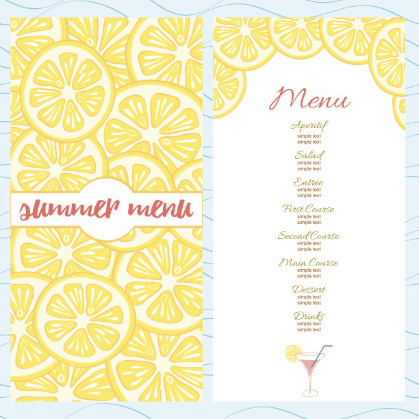 新鲜的夏季菜单模板与黄色明亮的柠檬片和图片下载