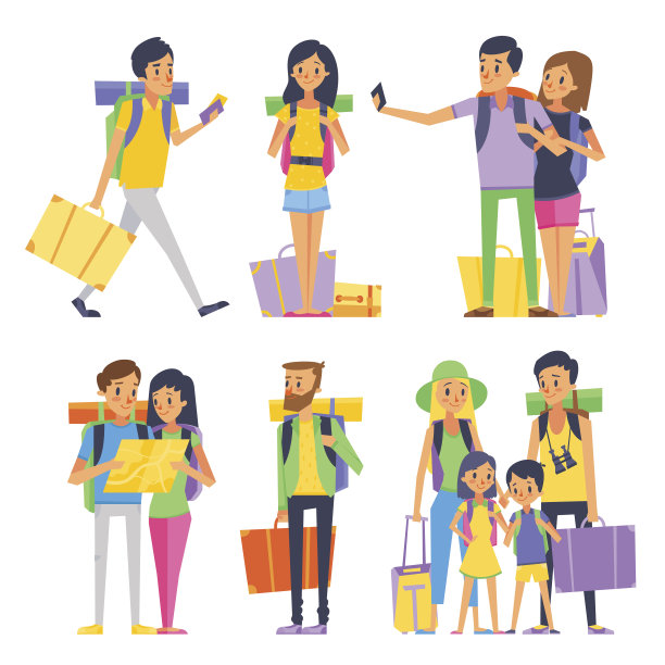 一群快乐的人去度假。带着孩子旅行的夫妇或家庭。矢量图素材图片