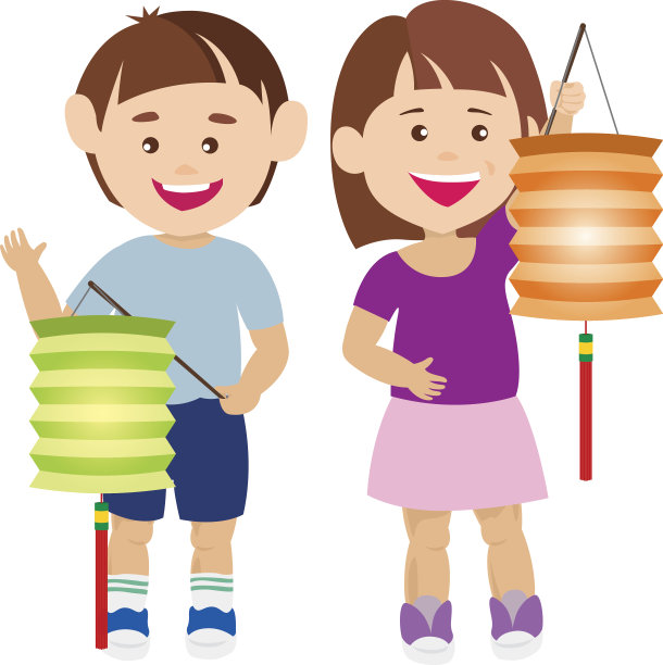 孩子们拿着中国灯笼的插图图片下载
