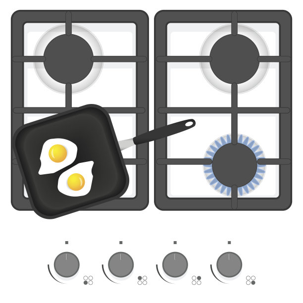 白色煤气炉，煎锅和煎蛋。顶视图矢量插图。图片下载
