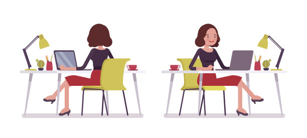 一套年轻秘书的坐式，后、前视图图片下载