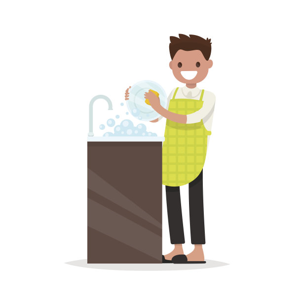 一个穿着围裙微笑的男人正在洗盘子。向量树脂图片下载