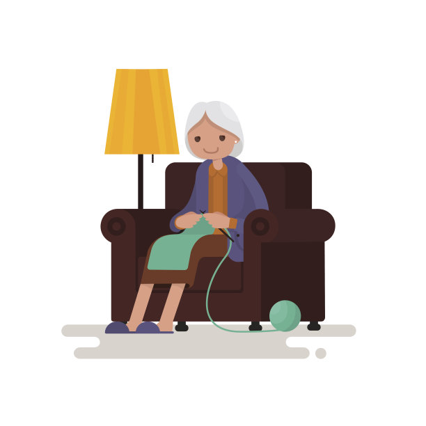 祖母坐在椅子上编织。矢量图图片下载