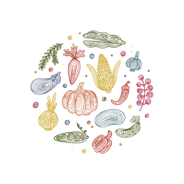 手绘蔬菜图标与螺旋模式向量集。图片下载