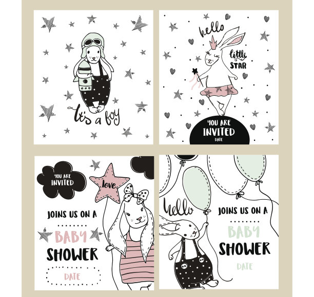 宝宝派对卡片，上面有可爱的小兔子。为婴儿淋浴与手绘兔子字符的模板。矢量图图片下载