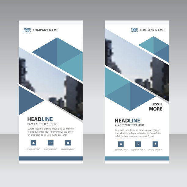 蓝色抽象三角形业务卷旗平面设计模板图片下载