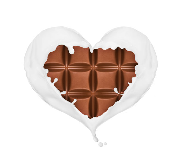 在白色的背景上，把牛奶洒成心形的巧克力棒图片下载