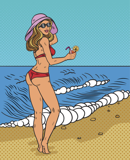 金发，穿着红色游泳衣。他喝鸡尾酒。素材图片