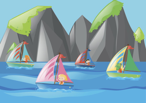 四个孩子在海上航行素材图片