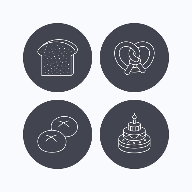 蛋糕，椒盐卷饼和面包卷图标。图片下载