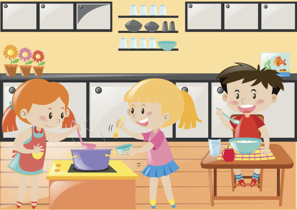 三个孩子在厨房做饭吃饭图片下载