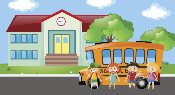 学生们站在校车旁素材图片