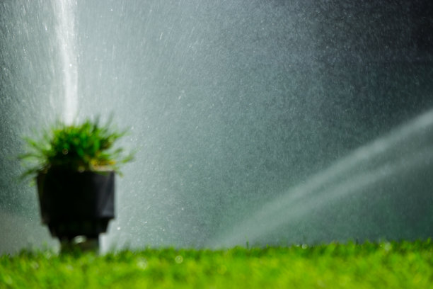 用模糊背景的足球或足球场灌溉系统自动浇草图片下载