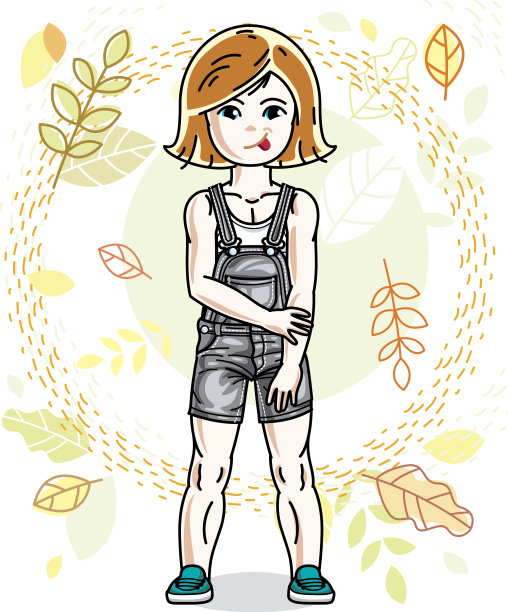 一个红头发的蹒跚学步的小女孩，穿着时尚的休闲服，站在秋色的背景下。向量有吸引力的孩子插图。时尚生活主题卡通。图片下载