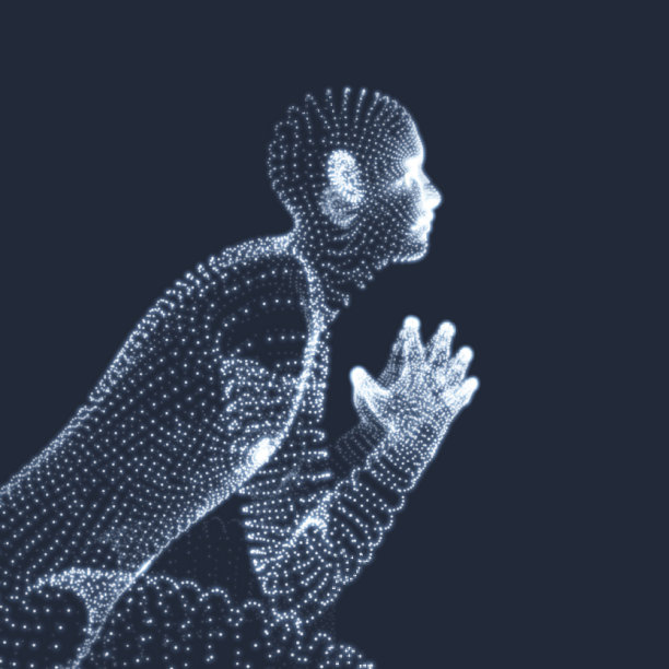 人在一个思考者的姿势。三维模型的人。心理学或哲学矢量插图。素材图片