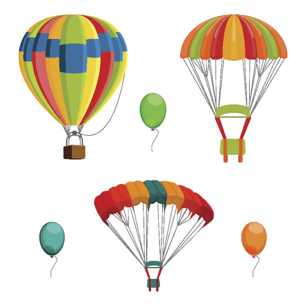 一套彩色的气球和降落伞现实的矢量插图图片下载
