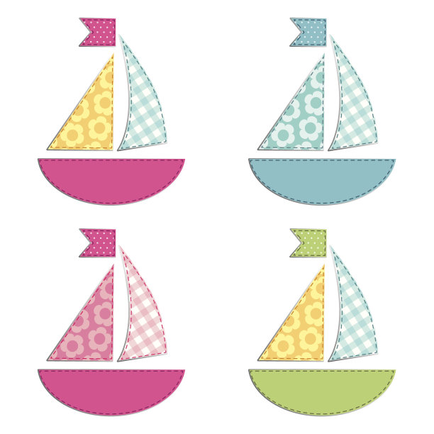 四艘船作为复古的织物贴花作为婴儿淋浴元素图片下载
