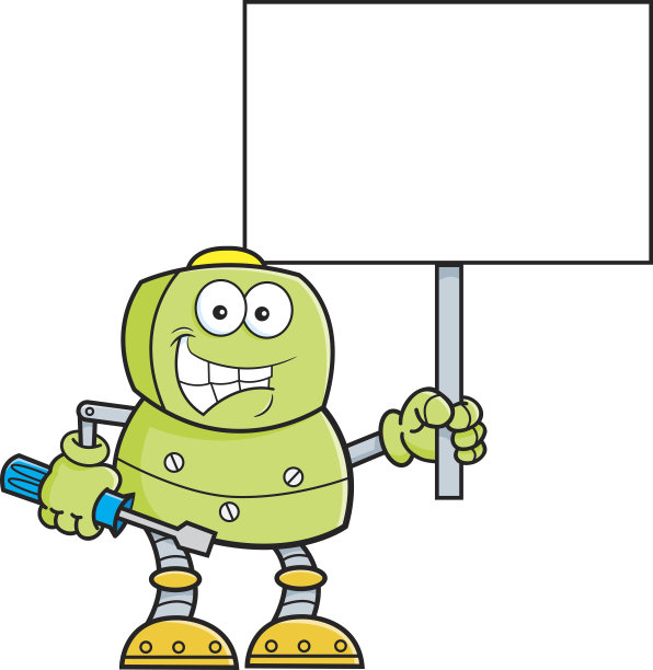 卡通机器人拿着扳手和标牌。图片下载
