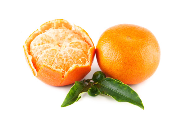 桔黄色果实，白色底，绿叶图片下载