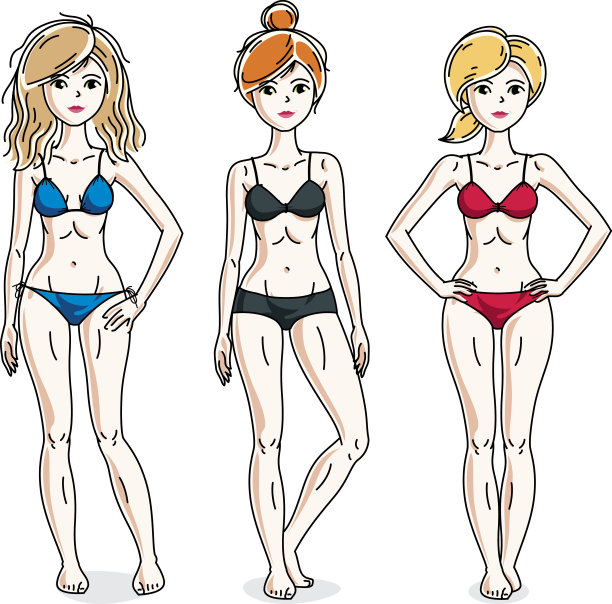 快乐迷人的年轻女子站在五颜六色的比基尼。矢量人插图集。图片下载