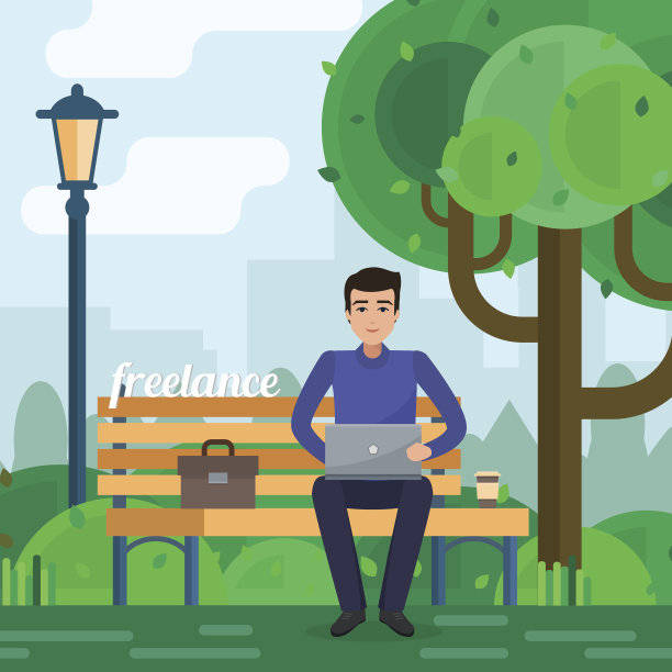 一个自由职业者在公园工作，电脑在树下的长凳上。图片下载