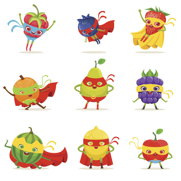 超级英雄水果在面具和斗篷套可爱的幼稚卡通人性化的人物服装图片下载