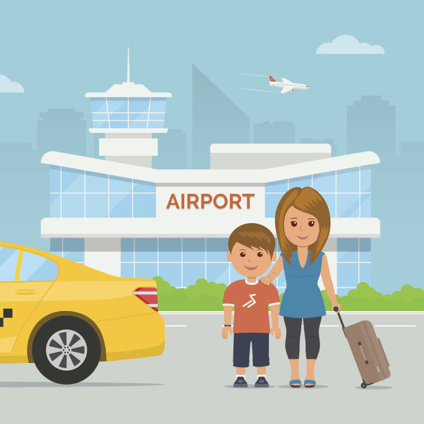 卡通母亲和孩子与行李背景机场航站楼。假期和旅行。矢量插图家庭在现代机场大楼和出租车接送服务。图片下载