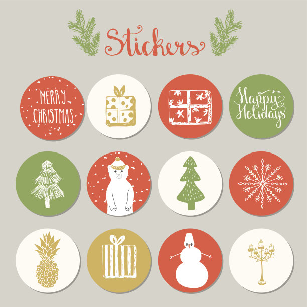 手绘圣诞新年礼物贴纸标签矢量素材图片下载