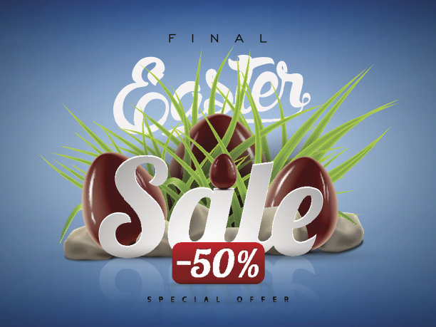 复活节销售横幅背景模板与绿草和巧克力蛋。图片下载