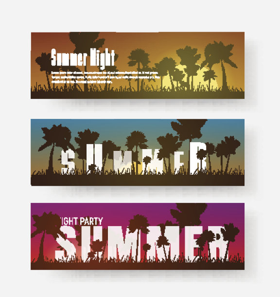 一套水平横幅与不同的颜色的夏季日落图片下载