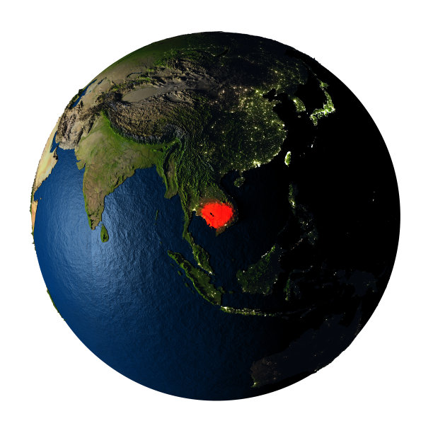 红色的柬埔寨在地球上孤立在白色上图片下载