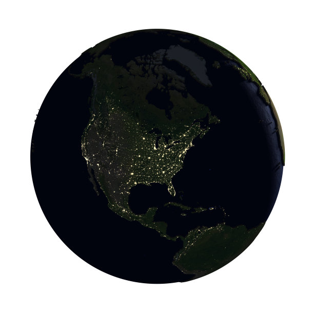 在北美的地球上，晚上被隔离在白色图片下载