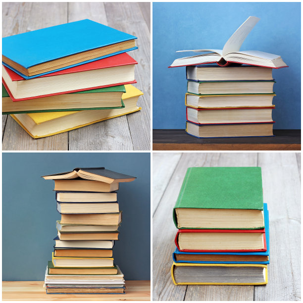 拼贴画。有书的静物画。桌子上有一堆书。图片下载