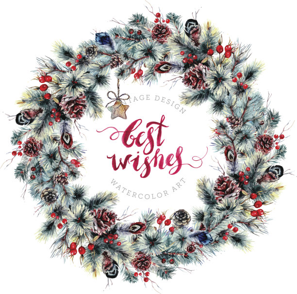 水彩圣诞花环云杉树枝素材图片