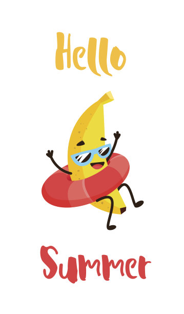 卡通香蕉和救生圈。你好,夏天的名片。平的风格。矢量图图片下载