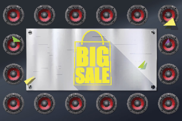 大减价购物袋剪影与长影子。折扣百分之五十。水平金属，钢板背景与扬声器与红色扩散器。销售旗帜汽车，技术商店图片下载