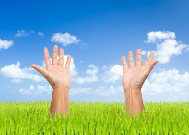 双手张开，以绿色的田野和蓝天为背景图片下载